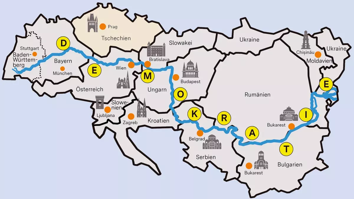 Karte Donauraum mit Buchstaben Demokratie © Grafik: Ilona Hirth; Icons: stock.adobe.com © József Balázs-H. Karte Donauraum mit Buchstaben Demokratie © Grafik: Ilona Hirth; Icons: stock.adobe.com © József Balázs-H.